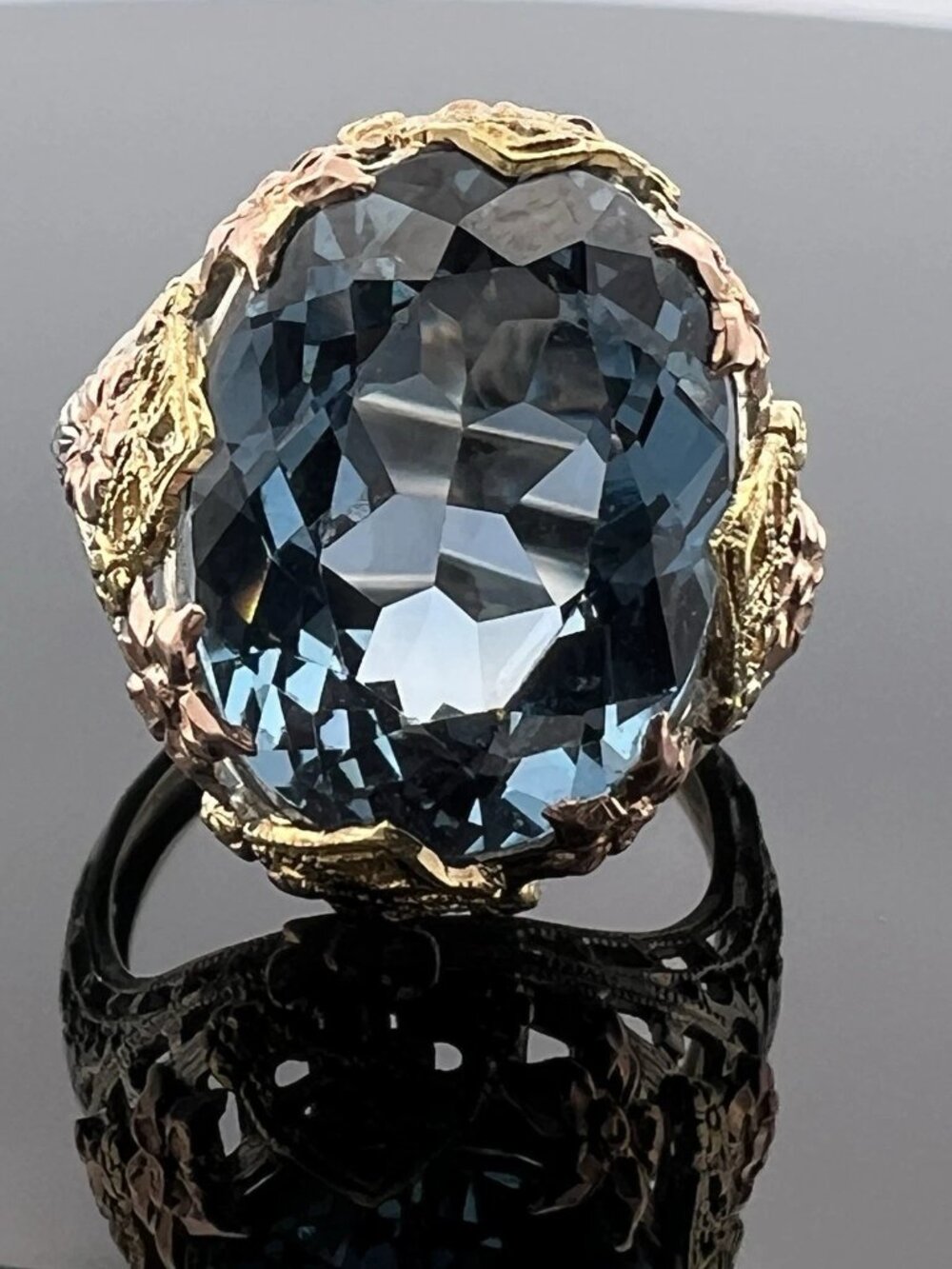Vintage 14K Tri-Color Gold Oval Blue Spinel Floral Cocktail Ring 16x12mm Estate - Picture 5 of 13